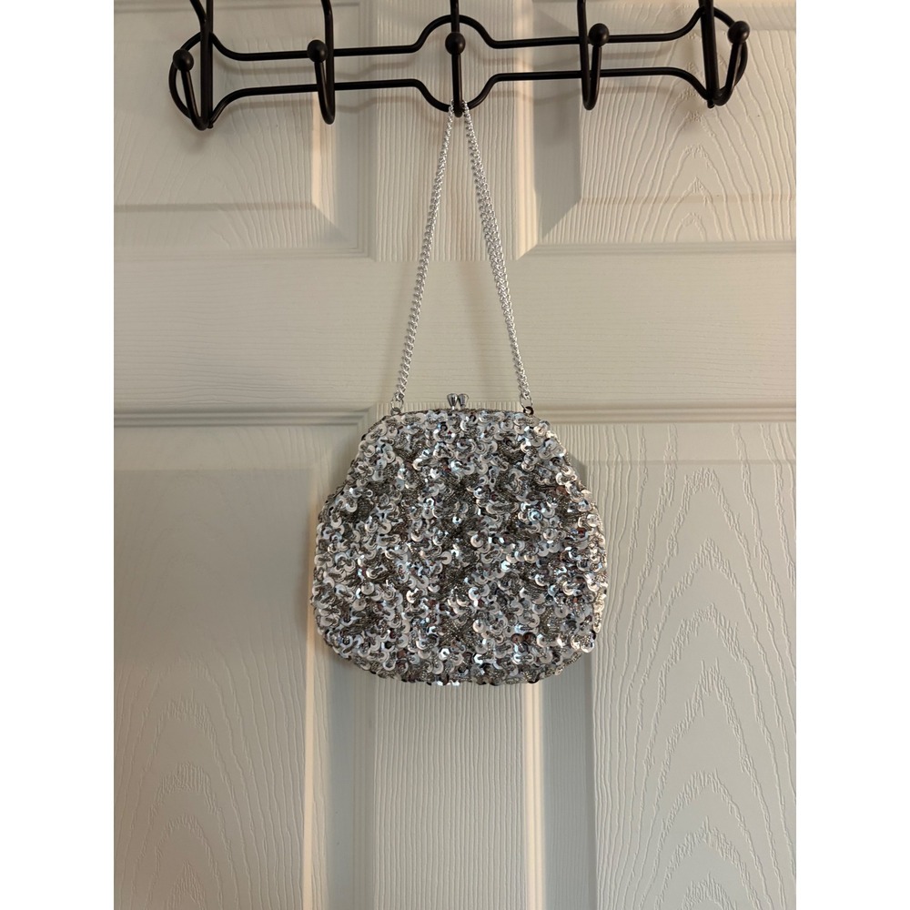 Silver Sequin Evening Bag Kiss Lock Clutch Prom Formal Chain Strap Handbag - Picture 3 of 3